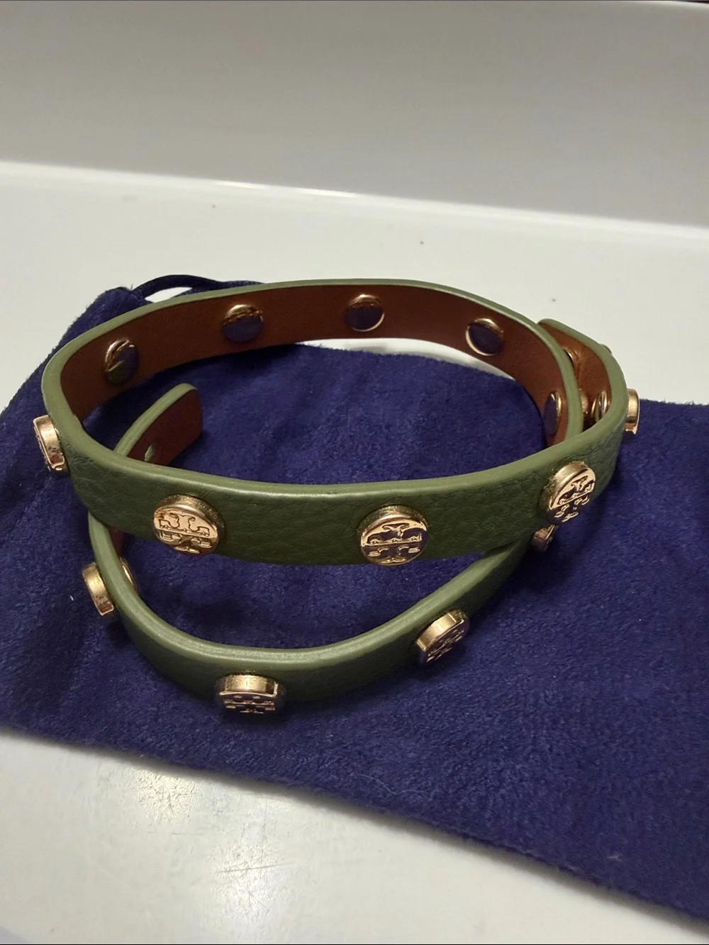 Tory Burch Green Studded Leather Wrap Bracelet with Gold Accents